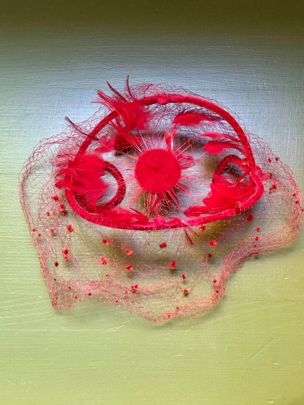 Vintage 1950s Red Fascinator With Feather And Netting Detail